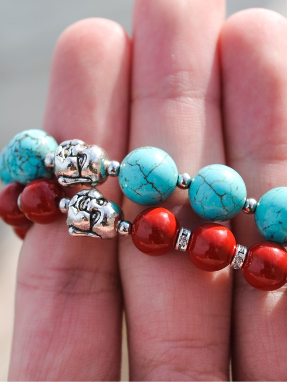 Turquoise & Red Bead Buddha Couple Bracelet